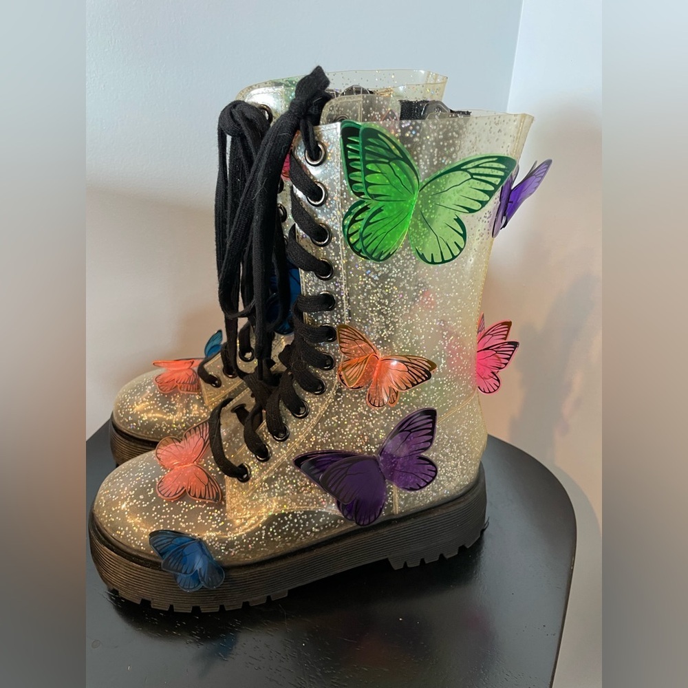 Dolls Kill Glitter Clear Combat Boots with Multicolor Butterfly Appliqués